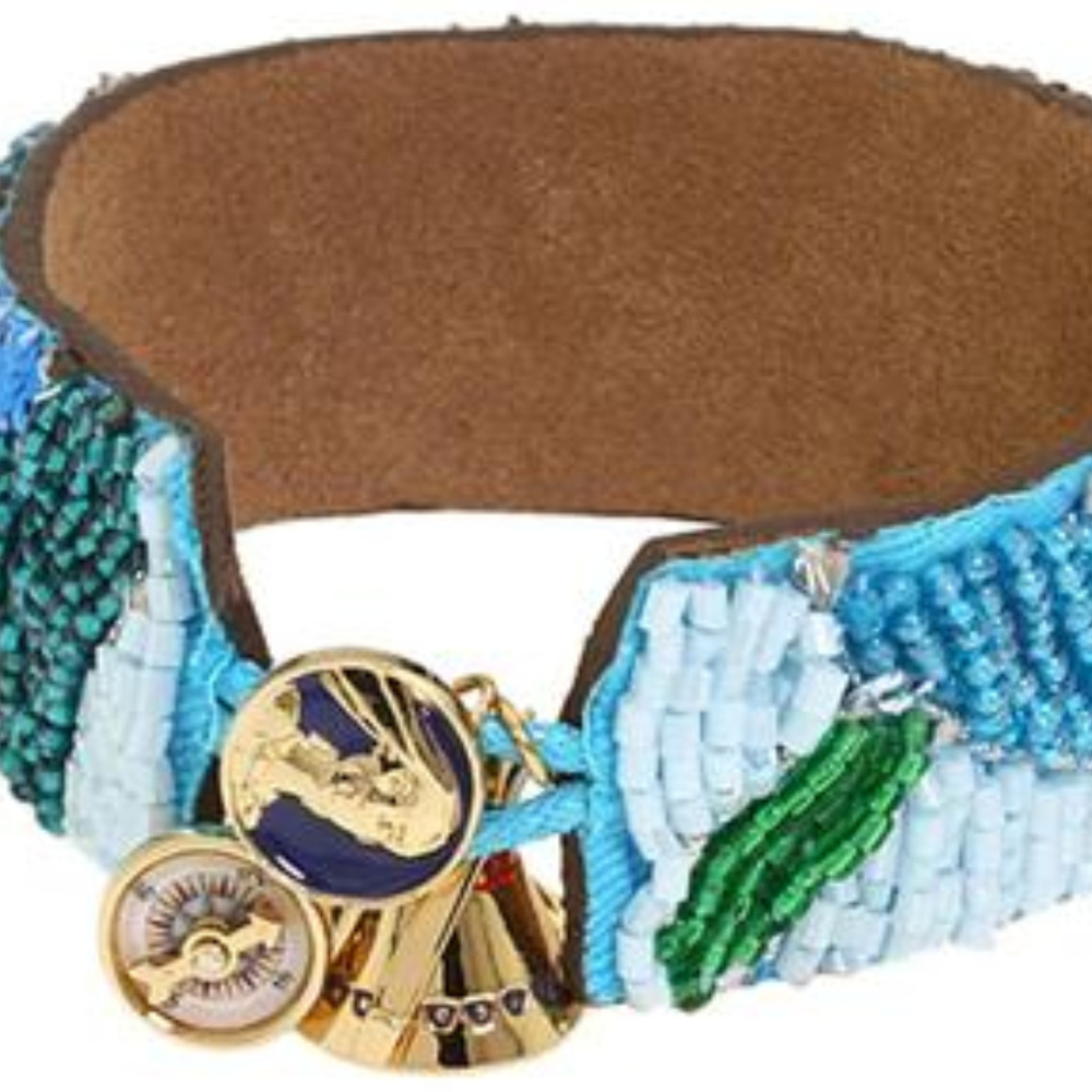 DISNEY COUTURE POCAHONTAS LEATHER/BEADED 14KT GP CHARM BRACELET (HANDMADE)**NEW!